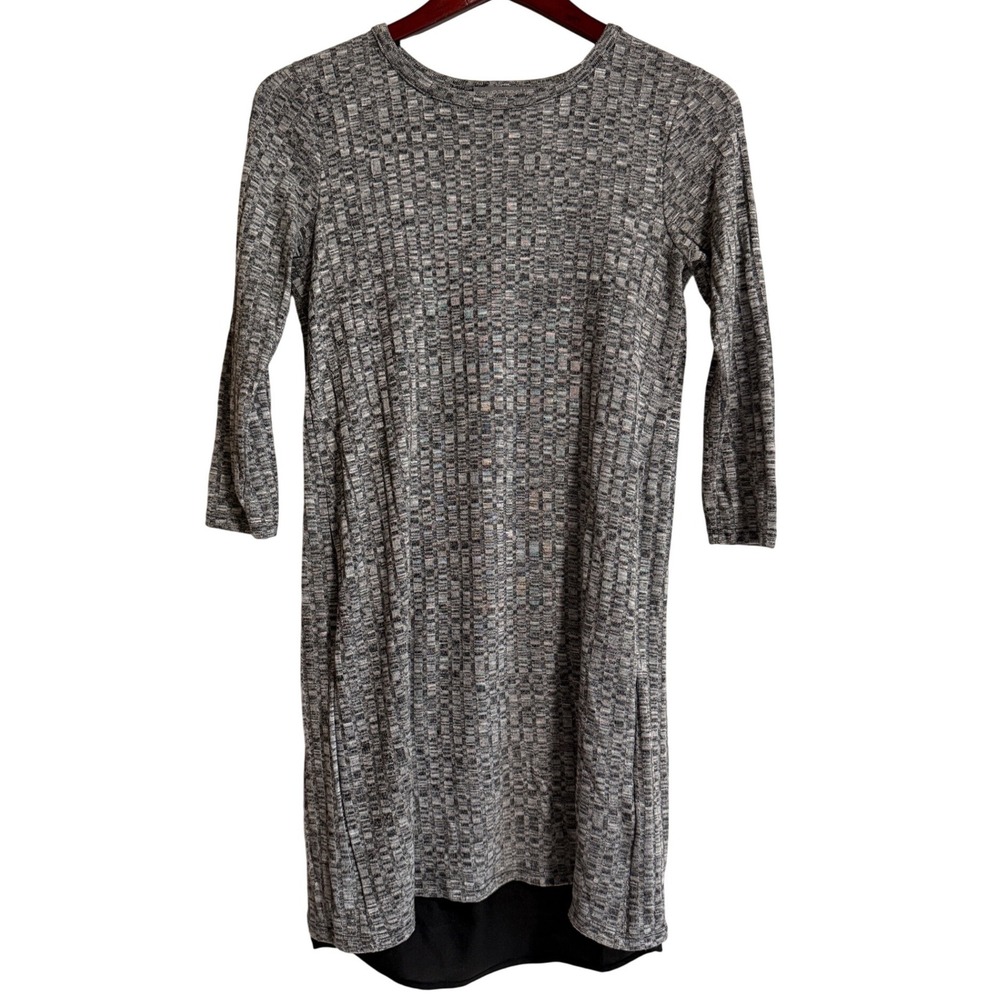 Loveappella Womens‎ XS Grey Textured Split Back Layered Dress 3/4 Sleeve